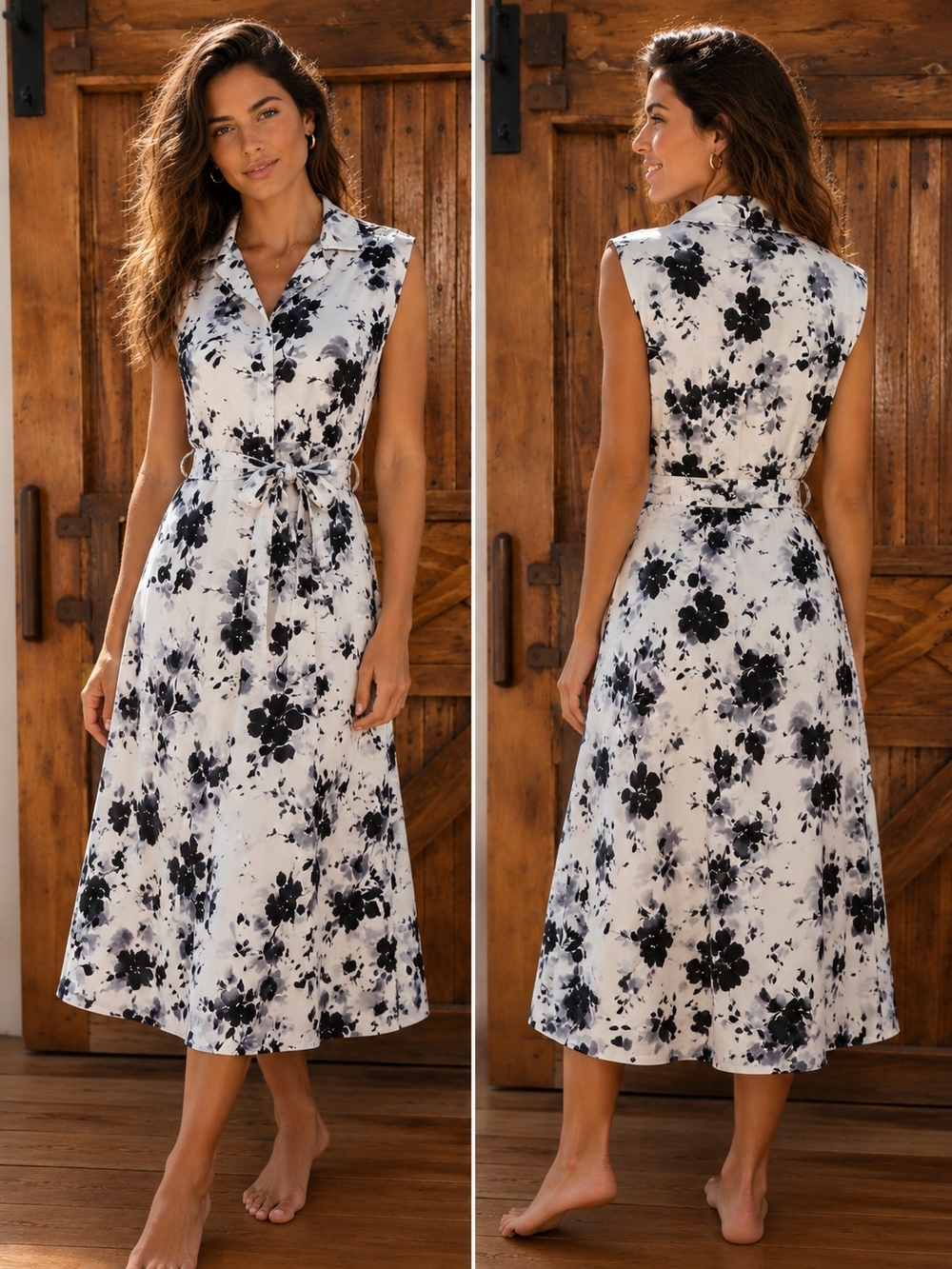 Jessica Howard White and Black Floral Tie-Waist Midi Dress